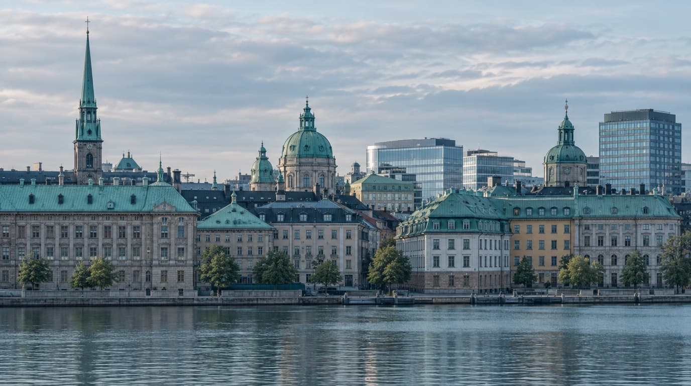 Stockholms siluett med ärgade koppartak och kupoler bredvid nya kontorshus.