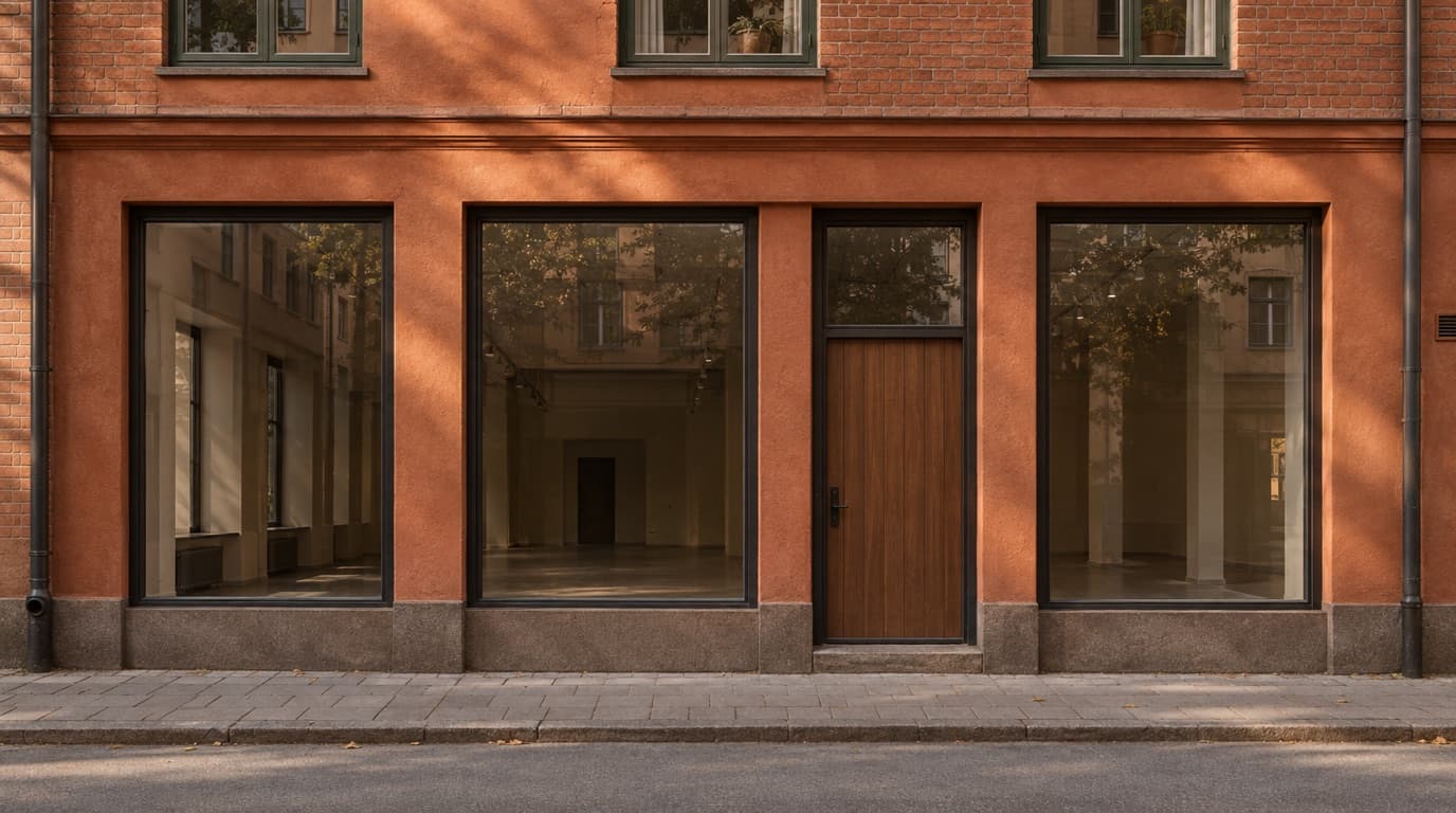 Tegelfasad med en tom lokal i gatuplan och mörka fönster på en gata i Stockholm.