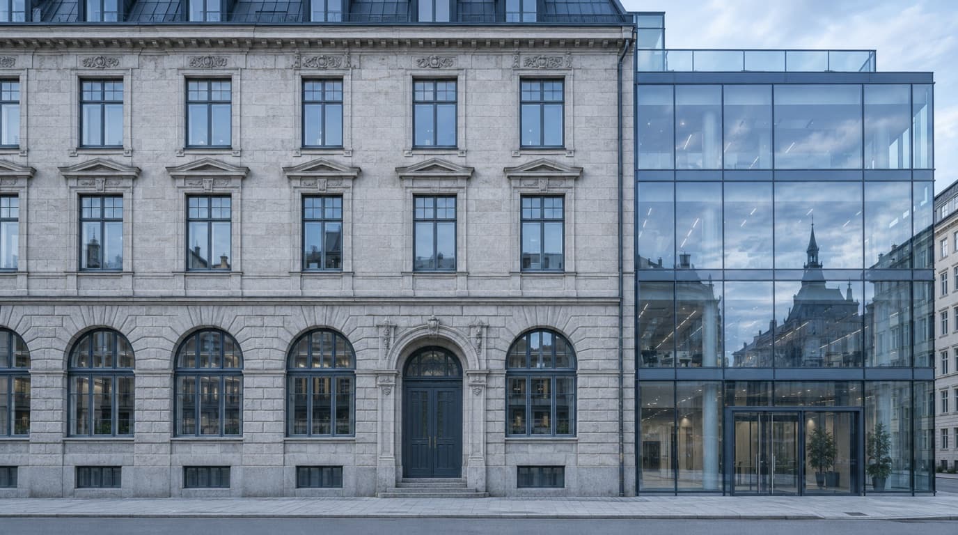 Klassisk stenfasad från tidigt 1900-tal bredvid en modern glasbyggnad.
