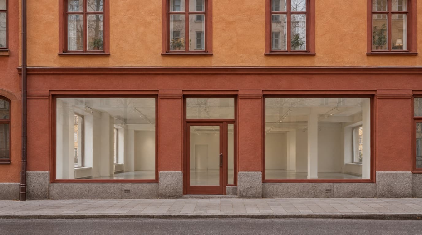 Putsad gatufasad i terrakotta i Stockholm med en tom lokal i gatuplan.