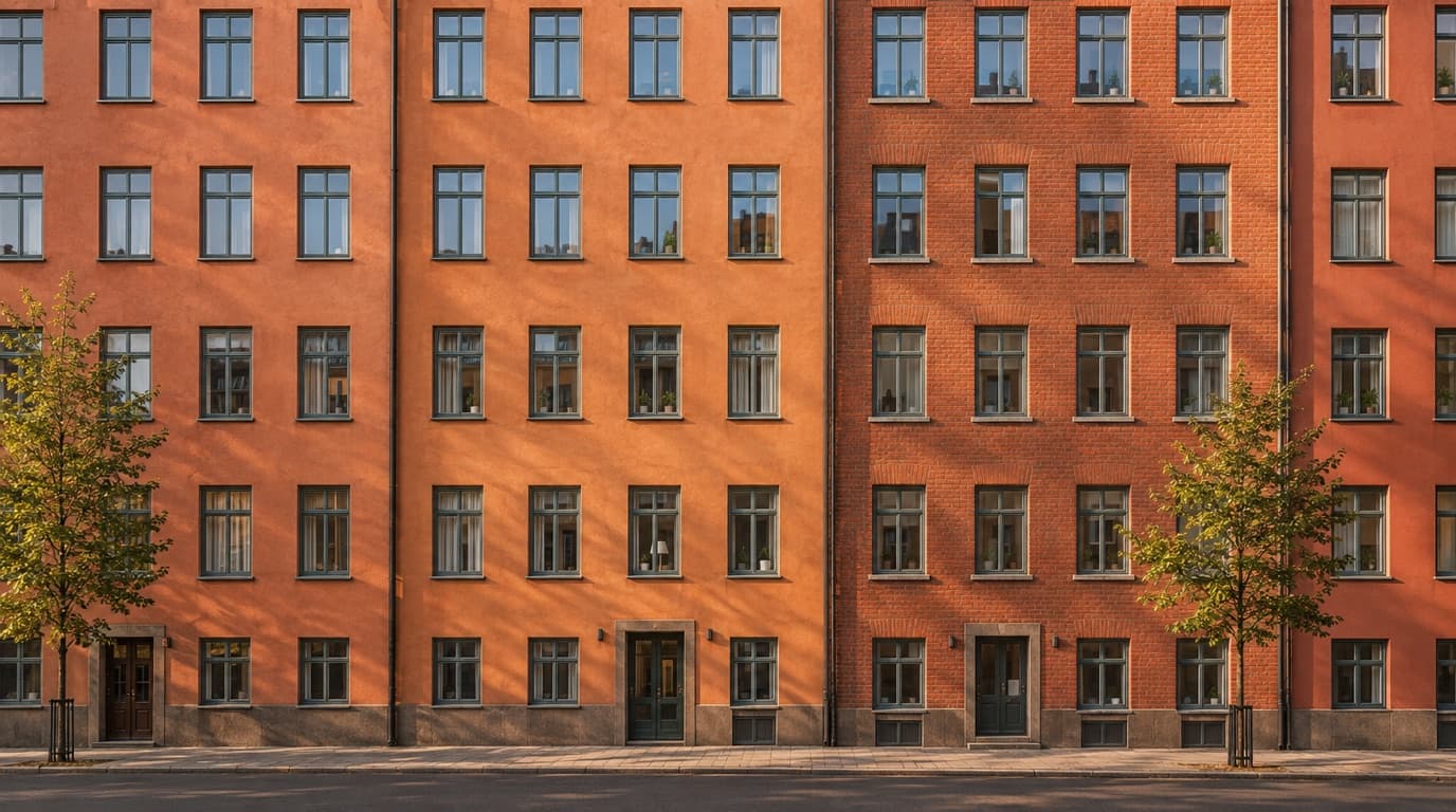 Stockholmsk gatufasad i terrakotta och tegel med rader av kontorsfönster i eftermiddagsljus.
