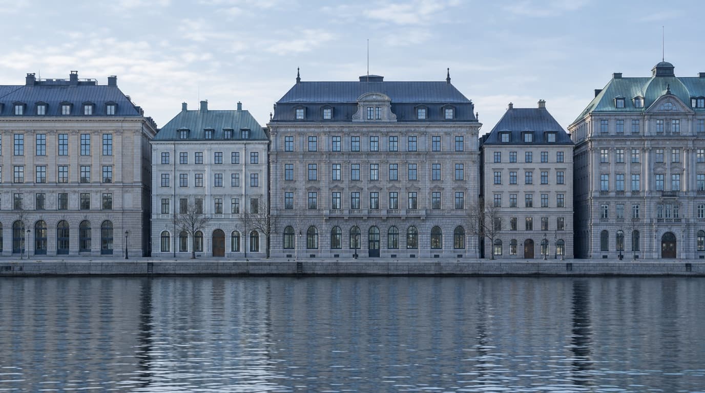 Rad av klassiska kontorsfastigheter längs vattnet i Stockholm.