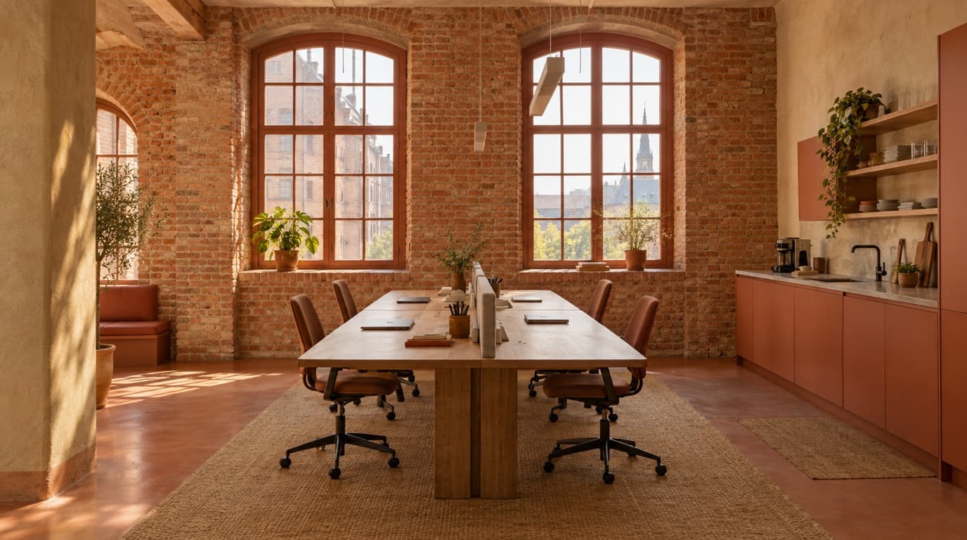 Delat kontor i ett tegelhus med ett långt gemensamt skrivbord och pentry.