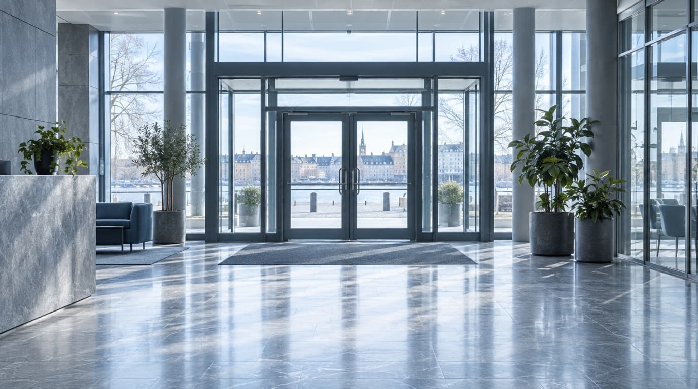 Ljus och välkomnande entréhall i en kontorsbyggnad med stengolv och växter.