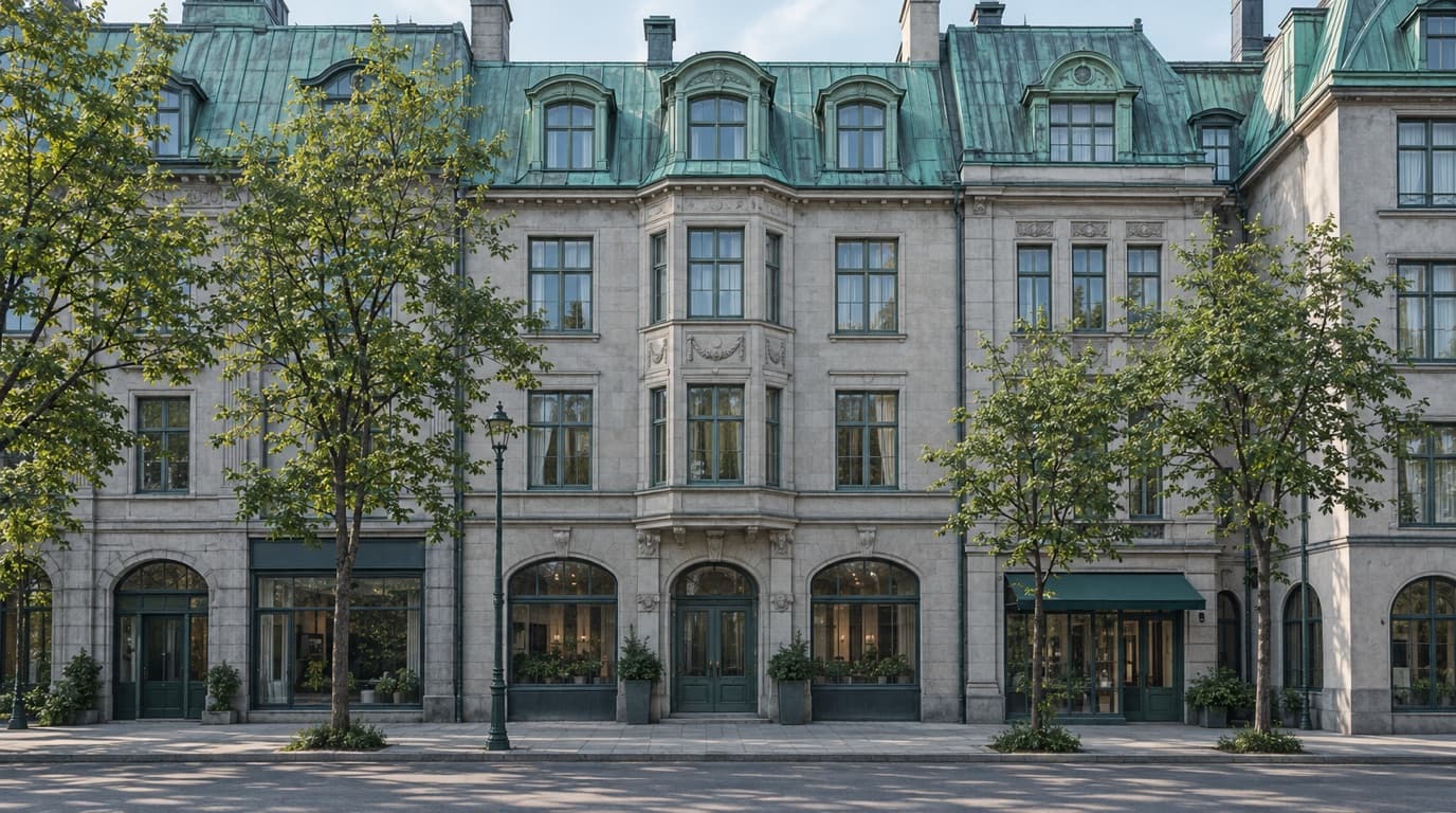 Innerstadsgata med stenhus från tidigt 1900-tal, ärgade koppartak och kontorsentréer.