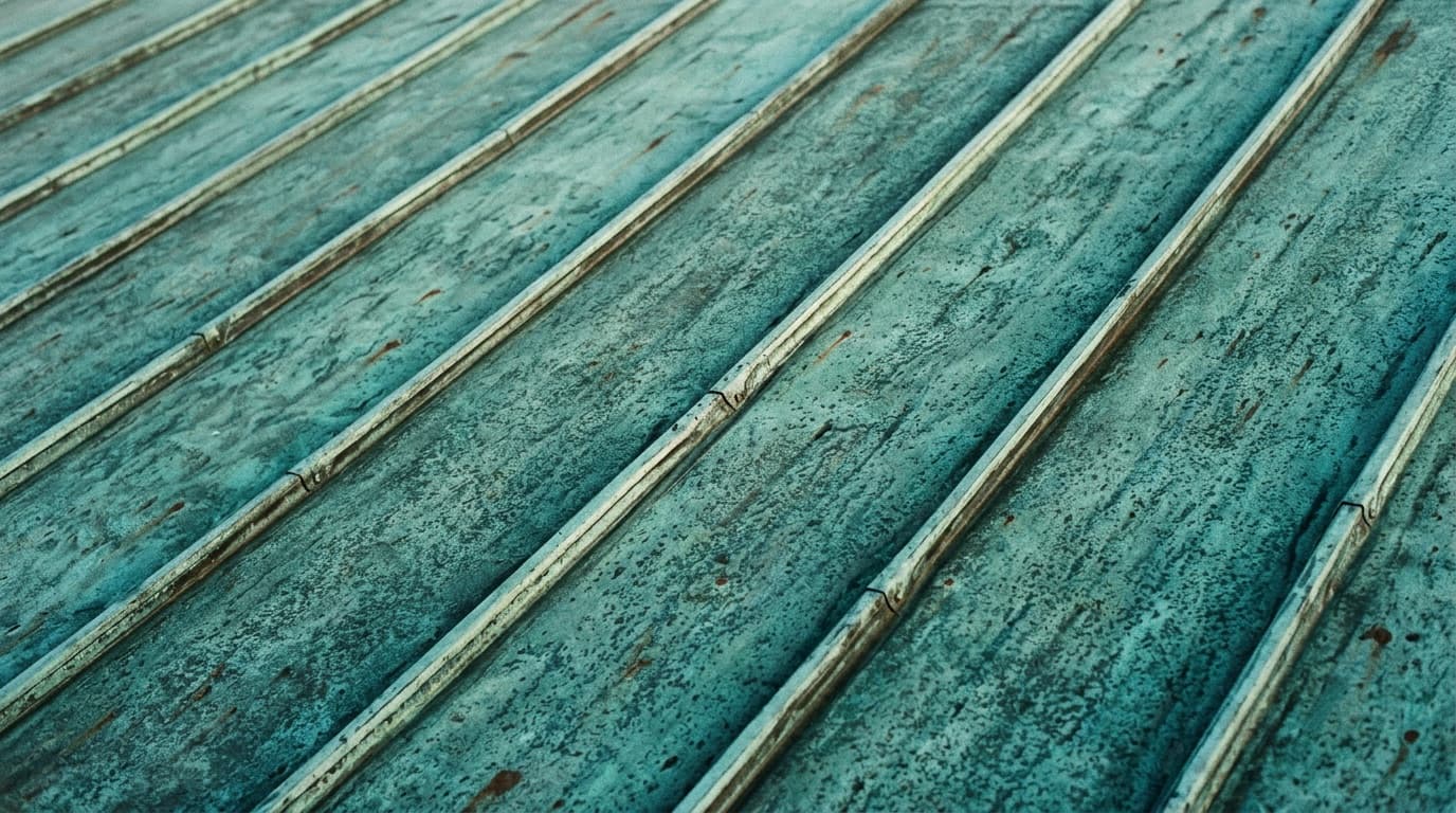 Ärgat koppartak med diagonala falsar som stiger uppåt.